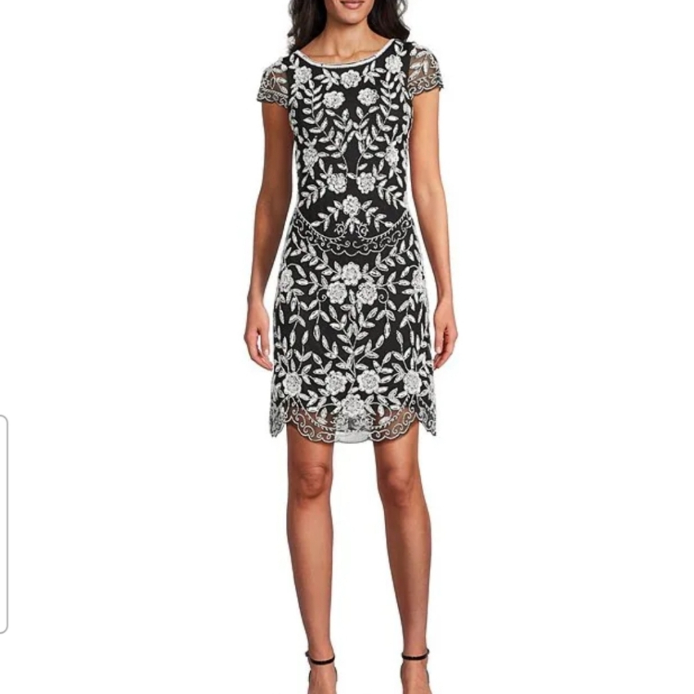 Pisarro Nights Petite Size Boat Neck Cap Sleeve Floral Beaded Short Sheath Dress